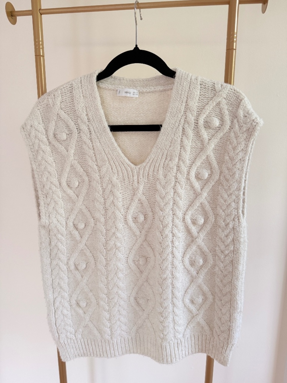 MNG Mango White Cable Knit Sweater Vest | Chunky V-Neck Cable Vest | Cottagecore